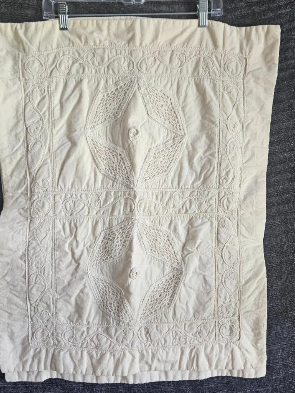 Vtg Two Beige Cotton Pillow Shams Quilted Cutout Lace Crochet Cottagcore 23x29